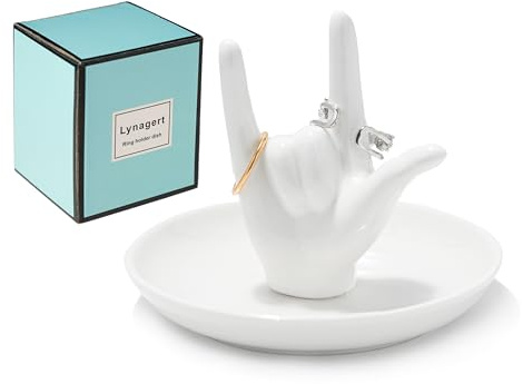 Lynagert I LOVE YOU Hand Ring Holder Ring Dish Ceramic Jewelry Holder Dish Trinket tray for Rings Earrings Necklace Organizer, Engagement Wedding Ring Holder, Christmas Birthday Gifts (White)