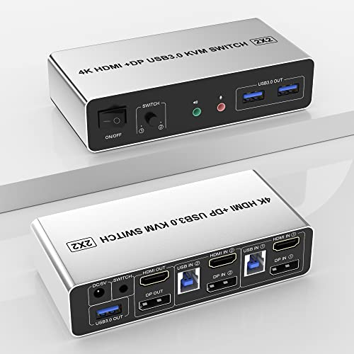 USB 3.0 DisplayPort + HDMI Dual Monitor KVM Switch for 2 Computers 4K@60Hz Extended Display 2 Ports KVM Switch 2 Monitore 2 Computer mit Audio Mikrofon Ausgang und 3 USB 3.0, PC Monitor KVM Switcher