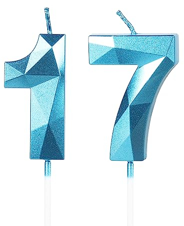 Yiran Candele di compleanno, Candele con numeri da 5cm, Candela numero 17, Candele in blu, 3D forma di diamante, Candele di compleanno per torta, Candele per torte, decorazioni per feste (Numero 17)