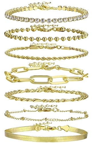 Emibele Gold Armband Set für Damen Mädchen, 14K vergoldete Gliederarmbänder Layered Figaro Büroklammer Tennis Beaded Verstellbares stapelbares Armband Modeschmuck, 7 Stück