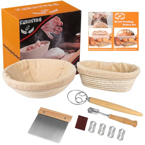 gärkörbchen gärkorb gärkorb zum brotbacken Set aus 2 Gärkörbchen u. 2 Teigmesser - Brot Backen Zubehör, Brotkorb, Brotbackform, Garkörbchenset, Teigschneider, Gärfolie