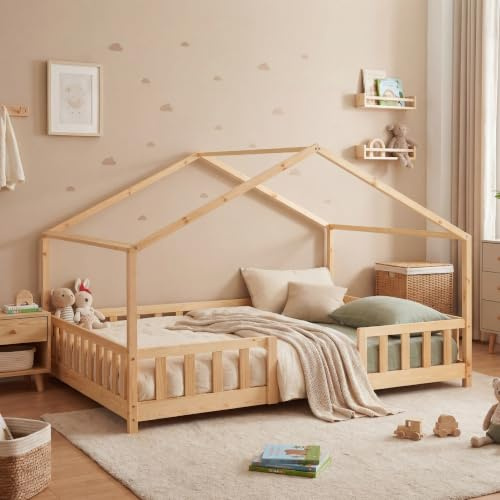 [en.casa] Treviolo Children's House Bed 140 x 200 cm with Fall-Out Protection wooden Frame with Slatted Frame Play Bed in Pine Wood colour