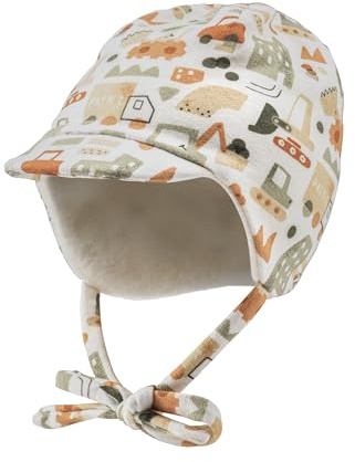 Sterntaler Schirmmütze mit Baustellen Motiv - Jungen Mütze aus weichem Sweat-Stoff - Winter Babymütze mit angeschnittenen Ohrenklappen und Bindeband - Beanie, gefüttert mit Baumwollfleece - Ecru, 47