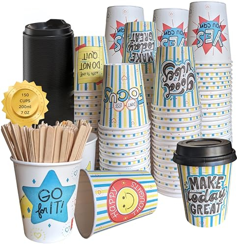 Lot de 150 gobelets jetables à café avec couvercles et palettes en carton pour café, thé, eau 200 ml