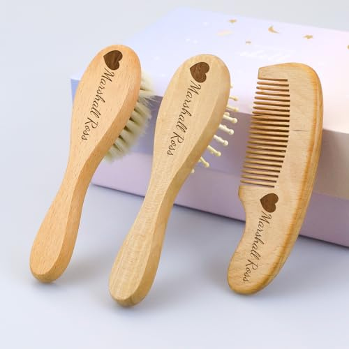 Personalized Baby Hair Brush and Comb Set for Newborn - Custom Wooden Toddler Set With Soft Goat Bristle, Cradle Cap Brush Perfect for Baby Registry (C)