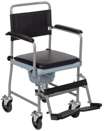 Millercare Portable Wheeled Commode Chair - Comfortable Padded Seat & Back - Locking Brakes, Detachable Arms & Footrests, Removable Bucket - Ideal for Elderly or Disabled | Black