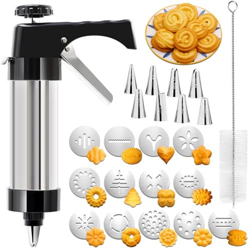 Gebäckpresse,Spritzgebäck Presse,Garnierspritze,Gebäkpresse Für Spritzgebäck,Spritzgebäck Presse，Kekspresse,Spritzgebäck Maschine,Gebäckpresse Edelstahl Mit 13 Schablonen Und 8 Spritzaufsätzen