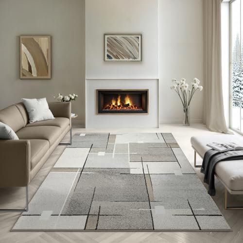 the carpet Pearl Modern Dense Short Pile Living Room Bedroom Rug, Contour Cut, Geometric Pattern, Chequered, Beige, 160 x 220 cm