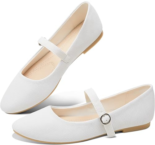 Obtaom Mary Jane Flat Shoes Round Toe Ballet Flats for Women Dressy Fabric Business Flats Comfortable Classic Strap Flats for Office(White,US8)