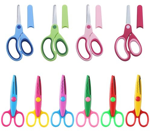 JSTHHTT 10er-Set Kinderschere Kinder Bastelschere, Kinder Sicherheit Schere Gezackte Schere, Bastelschere Kinder 3 Jahre, Linkshänder Schere, Ergonomische Griffzone für Vorschulkinder, Scheren Set