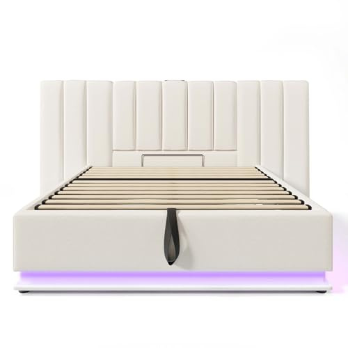 Generisk klädselsäng 180 x 200 cm med LED-belysning, USB-C-laddningsfunktion, förvaringssäng, ribbotten, vit, max 300 kg lastkapacitet, utan madrass och nattduksbord, modern design.