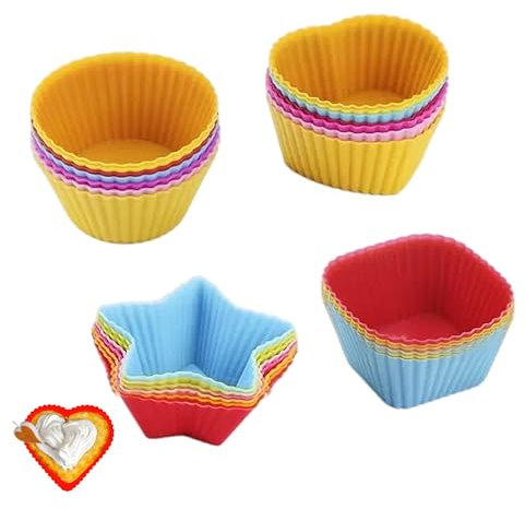 Reusable Baking Cups Cases Moulds Silicone Muffin Cupcake Molds Non-Stick Mini Baking Molds Colorful Moulds 3 Shapes 24 Pack for DIY Baking Bread Muffin Cakes Desserts Pudding
