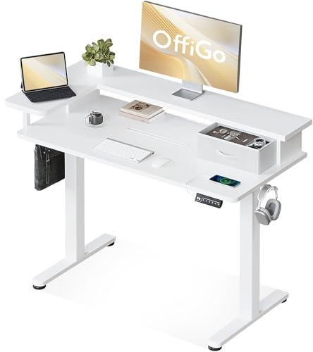 OffiGo Höhenverstellbarer Schreibtisch,Einteilige Tischplatte,120x60 Elektrischer Schreibtisch mit L-Monitorhalterung, Standing Desk mit Schublade, Stehpult mit USB, Ergonomischer Computertisch, Weiß