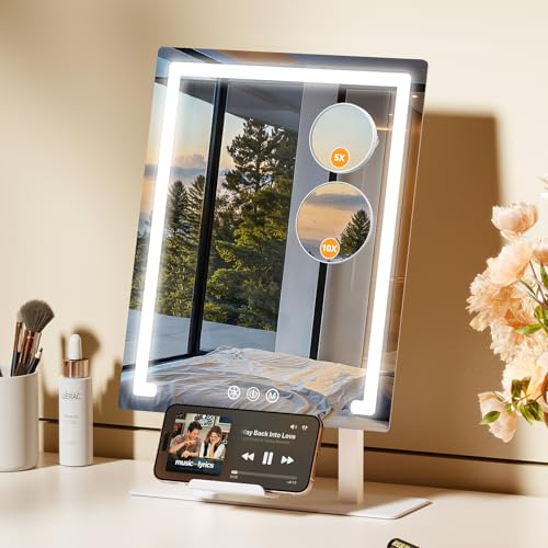 Gospire Lighted Makeup Mirror, Hollywood 4000mAh Rechargeable Vanity Mirror with 5X/10X Magnification, 3-Color Dimmable Lighting, Touch Control, Phone Holder, 11”x16.8” LED Tabletop Mirror for Bedroom