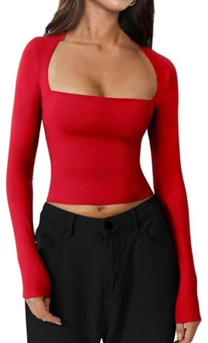 INFITTY Womens Long Sleeve Crop Top Square Neck Basic T-Shirts Going Out Tops Stretch Fitted Casual Tops Red S