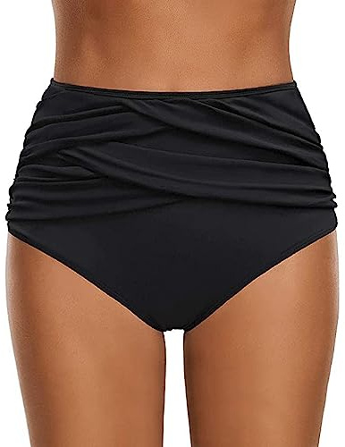 Bas Maillot De Bain Taille Haute pour Femme Élégant Bikini Taille Haute Ruched Bikini Slips Couleur Unie Triangle Short de Bain Amincissant Gainant Ventre Plat