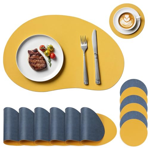 Snorthy Juego de 6 salvamanteles y Posavasos, Posavasos y manteles Individuales Grandes de Piel sintética para la Mesa, Resistentes al Calor, Impermeables y Lavables (32 x 50 cm) (Azul+Amarillo)