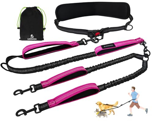 LEOSASA Hands Free Double Dog Leash for Two Dogs- No Tangle No Pull Dual Leash with Padded Adjustable Waist Belt & Reflective Stitching - Ideal for Running, Jogging, Hiking with Medium & Large Breeds