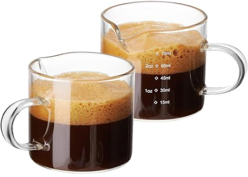 Taza medidora de vaso de chupito para espresso, tazas de espresso de vidrio transparente de 75 ml con asa, 2 vasos de chupito con en forma de V, tazas de espreso con asa, jarra para espumar lech