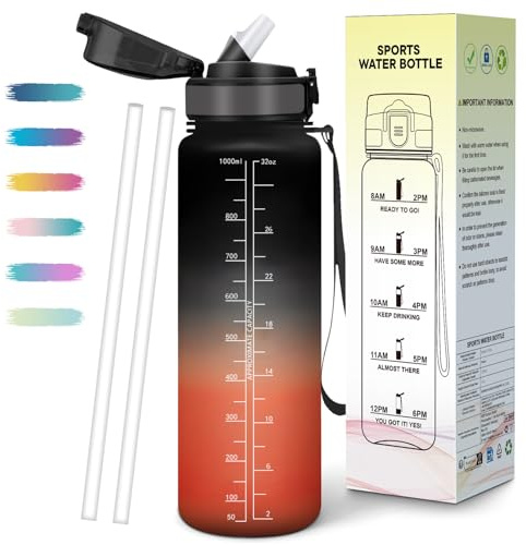 Mulbijeo Borraccia 1 Litro, Libre de BPA & Reutilizables, Borracce con Cannuccia, A Prova di Perdita, Borraccia Motivazionale, Portatile, Borracce Palestra per Scuola, Palestra, Ufficio, Festa