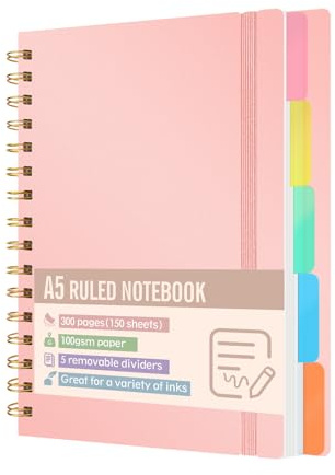 Xnegau Cahier A5 ligné avec 5 intercalaires amovibles, 300 pages papier 100 g/m², couverture rigide, reliure spirale, carnet avec onglets pour école, bureau, université et organisation