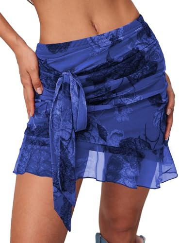 MAYFASEY Mini jupe d'été pour femme - Taille haute - Volants froncés - Imprimé floral - Jupe de plage