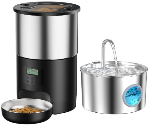 Fontanella per Gatti e Distributore Cibo Gatti: Acciaio Fontana Per Gatti e Dispenser Cibo Gatto Automatico - 2.2L Dispenser Acqua Gatto Silenzioso - 5L Mangiatoia per Cani Timer Programmabile 4 Pasti