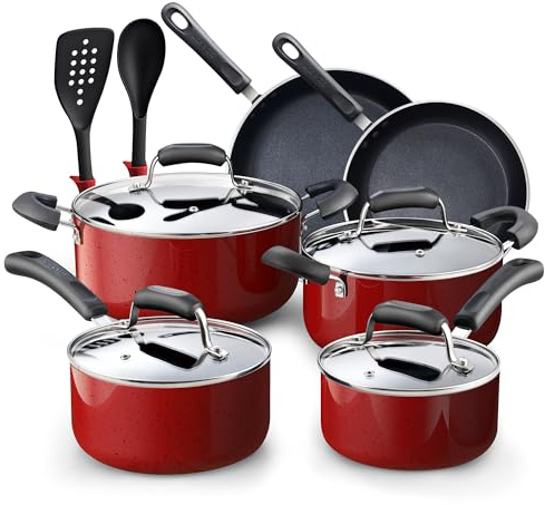 Cook N Home 2601 Professional Nonstick Cookware Set, Aluminum Tempered Glass, Marble Red