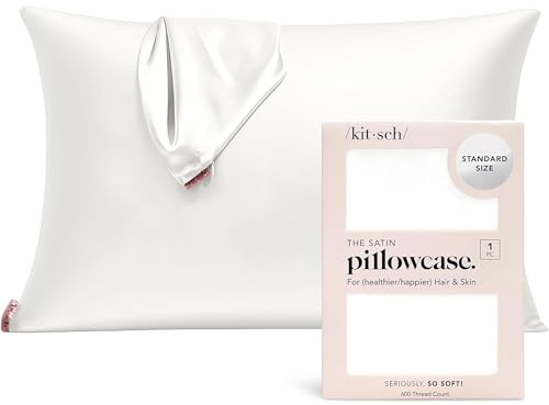Kitsch Satin Pillowcase with Zipper for Hair & Skin, Softer Than Silk Pillow Cases Standard Size, Wrinkle-Free, Smooth and Cooling Satin Pillow Covers, 19x26 - Ivory