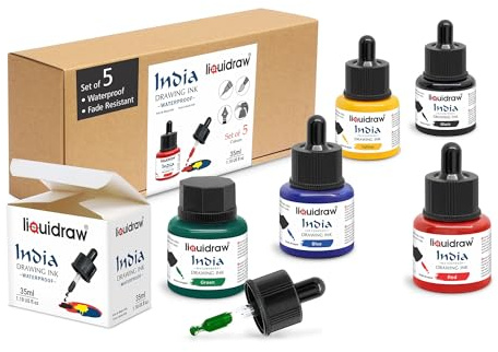 Liquidraw Waterproof Coloured Drawing Ink with Dropper | 5 x 35 ml Bottles | Set of Assorted Colours | India Ink for Calligraphy, Pens, Brushes & Dip Pens | Ideal for Drawing, Writing & Art Projects