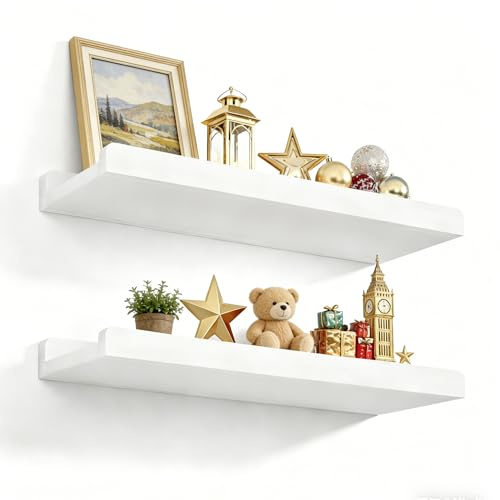 Love-KANKEI 17 White Floating Wall Shelves with Lip,Solid Wood,Set of 2