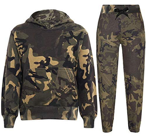 Kids Girls Boys Plain Tracksuit Hooded Hoodie Jog Suit - T.S Plain 105 Camo Green 13