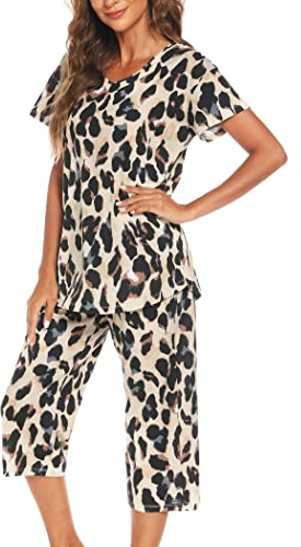 ENJOYNIGHT Pijama de algodón para mujer, de verano, corto, de manga corta, camiseta con pantalones capri de 3/4, ropa de dormir, Leopardo ligero, XXL