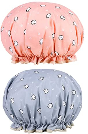 Lanjue Shower Cap 2 Stück, wiederverwendbar, zweilagig, mit elastischem Band, Tierdruck, Blau + Rosa, für Frauen, Mädchen, Dusche, Spa, Salon