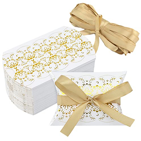 G2PLUS 50PCS Caja de Almohada-Cajas de Dulces de Regalo de Boda-Cajas de Cartón para Invitados de Boda-con 50 Cintas para Boda