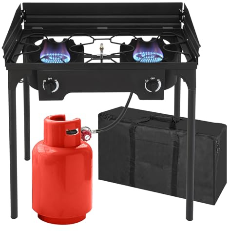 Bonnlo 2-Burner Outdoor Portable Propane Burner Stove 150,000-BTU Gas Cooker with Windscreen & Carrying Bag, Heavy Duty Iron Cast Patio Burner with Detachable Stand Legs for Camp Cooking