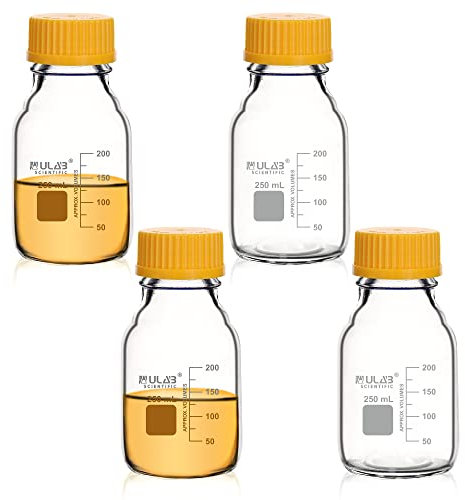 ULAB Runde Medien Laborflaschen Aufbewahrungsflaschen, Vol.250 ml, 3.3 Borosilikat Glasflaschen mit GL45 Schraubverschluss, 4 Stück, URB1035