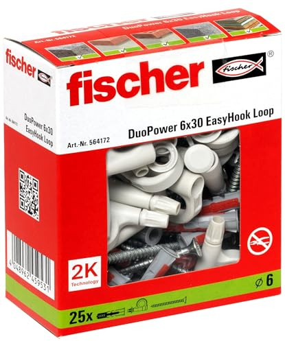 fischer 564172 loop, uppsättning med 25 öljettkrokskruvar och DuoPower, spånskivskruvar med krokar, flexibla skruvkrokar för montering i många byggmaterial EasyHook, vit, 6 x 30 pluggar