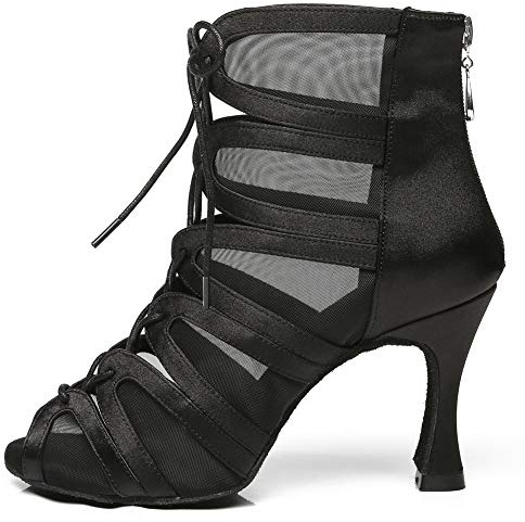 RUYBOZRY Stivali da Ballo Latino Americano con Punta Aperta Stivaletti da Ballo Salsa e Bachata Donna Tacco Alto YCL444-Suola in Scamosciata,Tacco-8.5cm-Tacco Svasato,Nero,EU 36.5