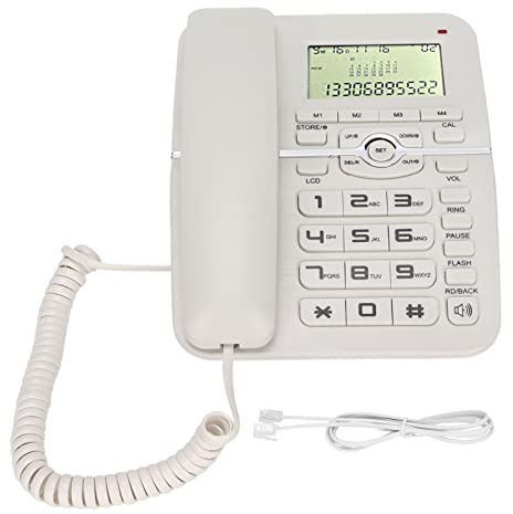Sladdtelefon med LCD-skärm, Nummerpresentation - Högtalartelefon - 4 Snabbvalsknappar - FSK/DTMF-kompatibel - Väckarklocka -Multifunktionell Fast Telefon(vit)