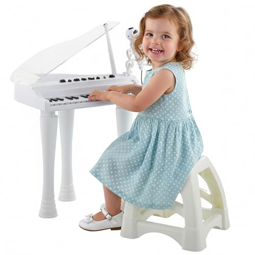 AIYAPLAY Piano Enfant électronique, Clavier de Piano, 32 Touches Multifonctions, avec Micro Haut Parleur et Tabouret, Couvercle Lumineux LED, Instrument de Musique 3-6 Ans, Blanc