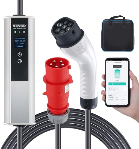 VEVOR Typ2 EV Ladekabel für Elektrofahrzeug 32A Ladegerät mit CEE 32 Stecker Wallbox 7,36kW(einphasig)/22kW(dreiphasig) 7,5m Ladekabel EV Ladestation 4 Stufen der Stromanpassung(16A/20A/24A/32A)