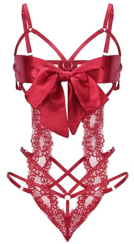 Telooco Lingerie Sexy Dentelle Bodycon Femme avec Noeud Papillon - Ensemble de Fête pour Femmes (Rouge)