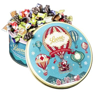 Leone depuis 1857 - Boîte en métal de Pâtes de Fruits et Petits Lingots Assortis - Bonbons et Chocolat Leone - Édition Limitée Noël en Montgolfière – Coffret Cadeau 450 gr