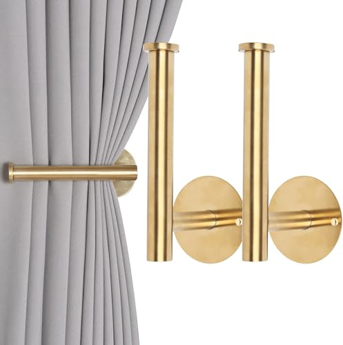 Groleca 2 Pack Curtain Holdbacks No Drill Self-Adhesive/Screw-in Curtain Tiebacks with SUS304 Stainless Steel Pull Backs Metal Curtain Holder for Drapes (2, Gold)