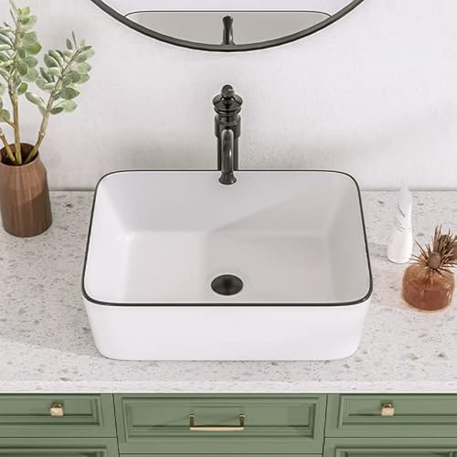 Vasque à Poser Salle de Bain DeerValley DV-1V0002-FR Rectangulaire Au-dessus du Comptoir Corps, Vasque a Poser Salle de Bain, Blanc Bordure Noire Lavabo Salle de Bain 475mm*375mm