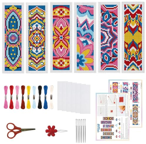 ORIGACH Kit de 6 marque-pages au point de croix Motif de mandala | avec instructions pour débutants - Kit de bricolage imprimé au point de croix pour les amateurs de