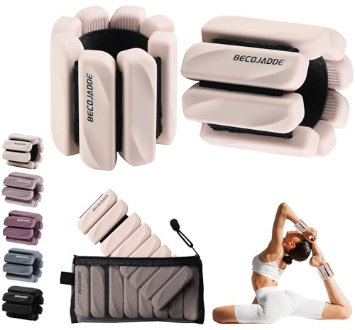 BECOJADDE Wrist Weights for Women Adjustable Ankle Weights Set of 2 (2LB Each), Weighted Wristbands for Pilates, Yoga, Walking, Running, Beige