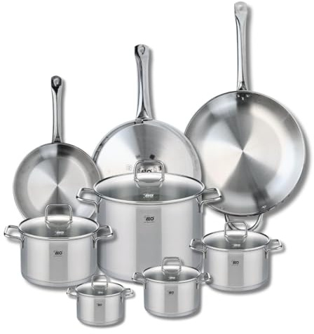 ELO 9513850 Batterie de cuisine 8 pièces, Ensemble de 3 Poêles de cuisson 24, 28 et 32 cm et 5 faitouts 12, 14, 16, 20 et 26 cm Elo Profi Citrin, inox, induction, Gris
