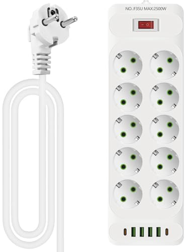 10 Fach Steckerleiste: Steckdosenleiste mit 2 USB Ladeanschlüsse + 2 Type-C, Verteilersteckdose Wandmontage, Steckerleiste mit Schalter, 10 Fach Power Strip mit 2M Kabel für Büro, Hause und Reisen